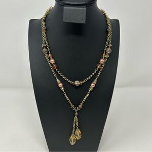 Vintage Avon Gold Tone, Yellow and Orange Beaded Layered Necklace Y Drop 19"
